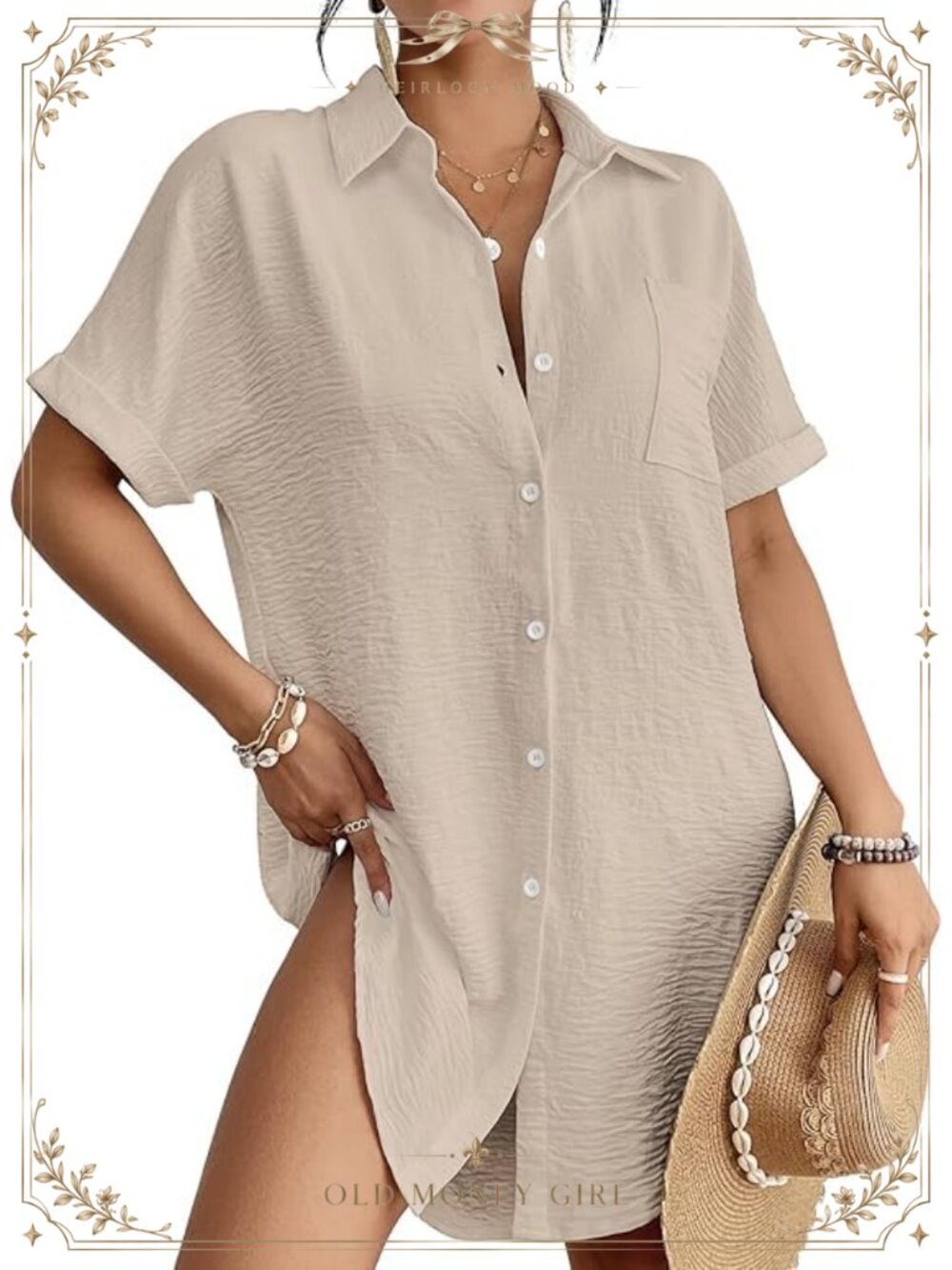 Button Down Shirt Dress Swimsuit Coverup Beachwear Short Sleeve